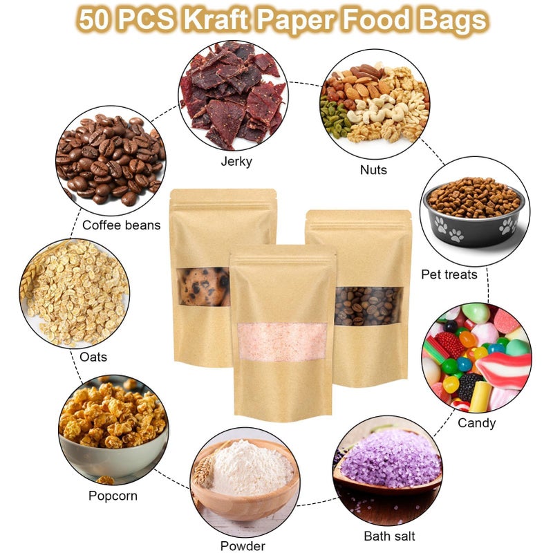 Blisstime Stand Up Pouches, 50 Pack Kraft Paper Bags with Matte Window and Tear Notch Resealable Bags for Small Business Home Use (4 x 6.5 Inches) - Image 3